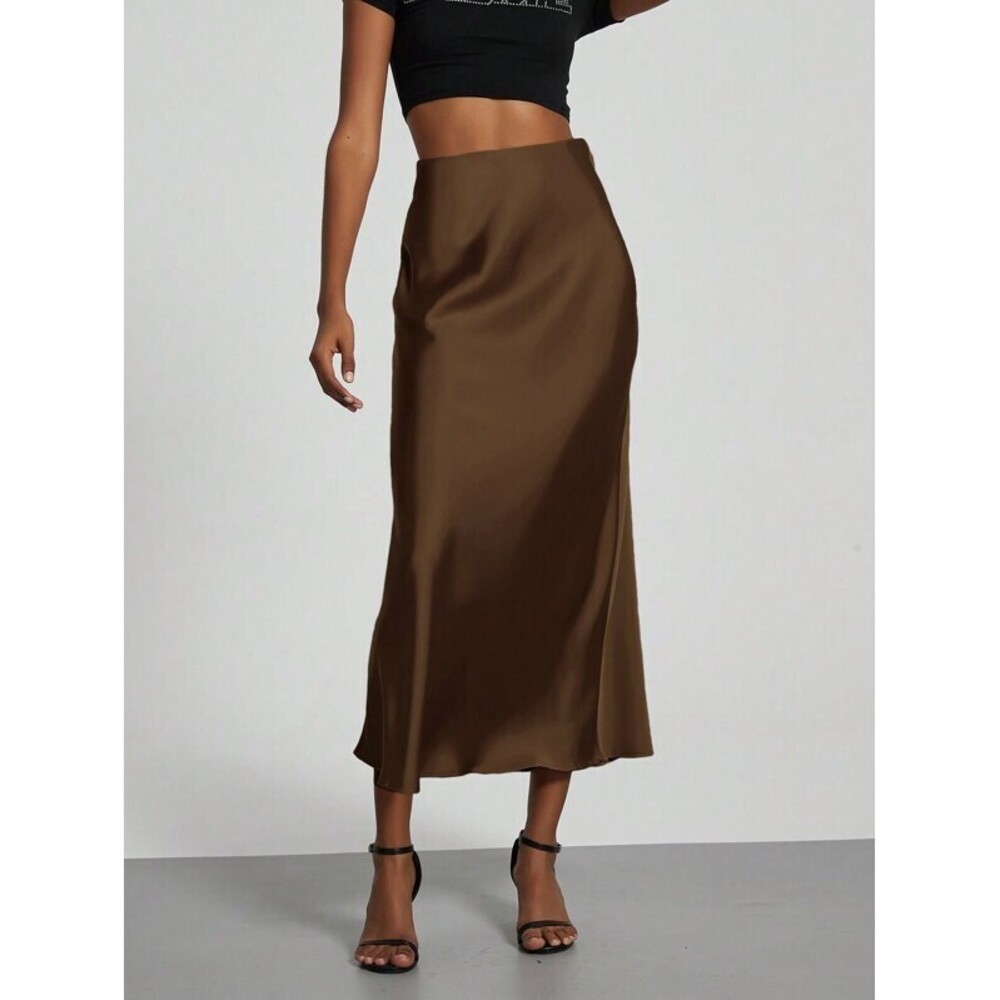 Se-Helo Fashion Elastic Satin Feeling Satin Maxi Skirt - Coffee Brown Ca